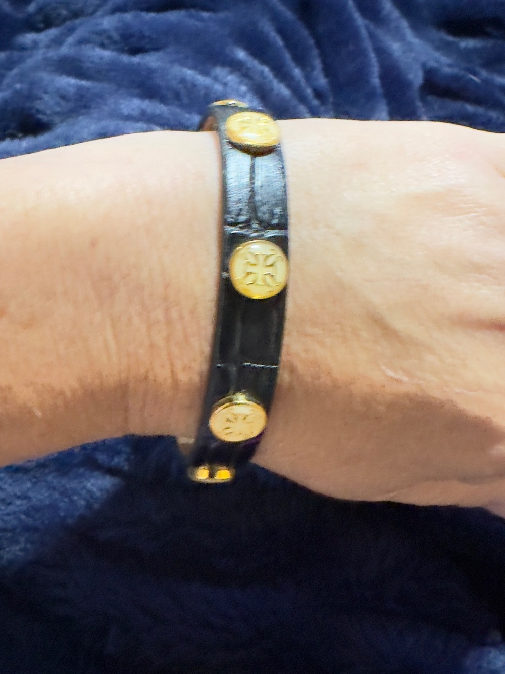 Rustic Cuff Black Leather Bangle with Gold Logo Medallions